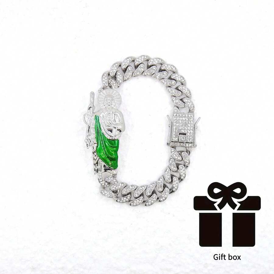 1pc St. Jude Decorated Bracelet Rhinestone Decoration Silver Color Men's Jewelry - Green - View 1