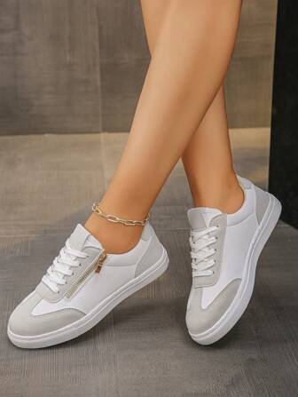 Women's 2024 New Casual Comfortable Slip-On Walking Shoes, White Color-Block Side Zipper Lace-Up Lightweight Soft Sole Mother Shoes, Low-Top Breathable Work/School Casual Sneakers
