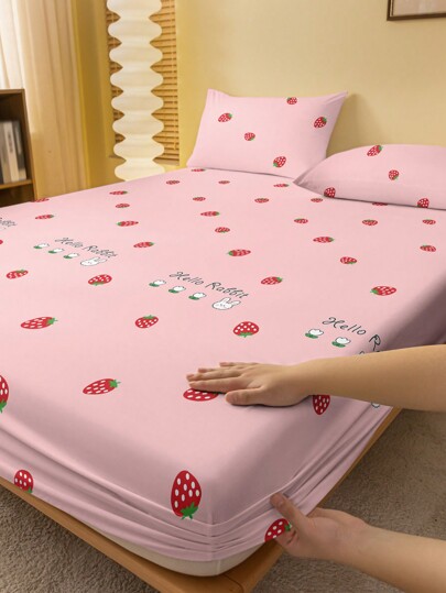 1pc  Plant Fruit Strawberry Animal Rabbit Pattern Brushed Fitted Sheet, Bedroom Printed Bed Cover, Bedding (Excluding Pillowcase)