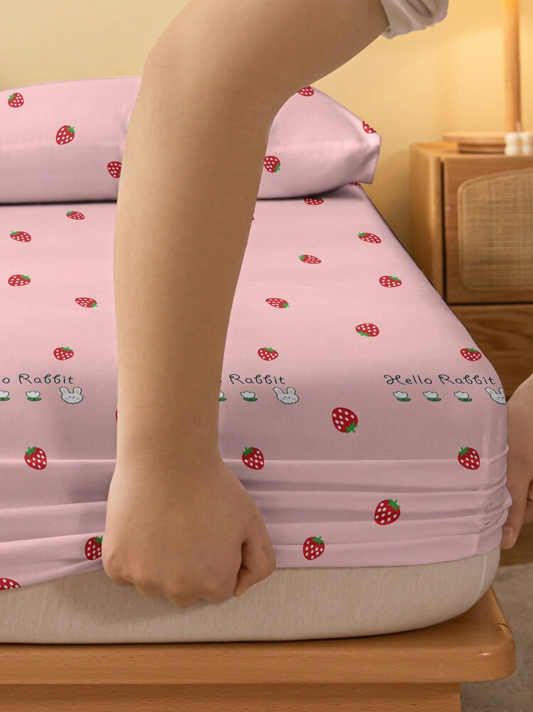 1pc  Plant Fruit Strawberry Animal Rabbit Pattern Brushed Fitted Sheet, Bedroom Printed Bed Cover, Bedding (Excluding Pillowcase) - Multicolor - View 5