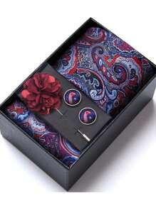 AlanKing 1 set de corbata, pañuelo de bolsillo, gemelos y broche con diseño de flor dorado para hombre, para fiestas/festivales