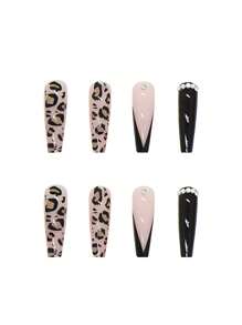 24Pcs French Long Ballet Design Rhinestone Studded Leopard Print False Nails, Full Coverage Reusable Manicure Set For Party, Banquet, Daily Wear Press On Nails Nail Supplies Nails - Multicolor - View 5
