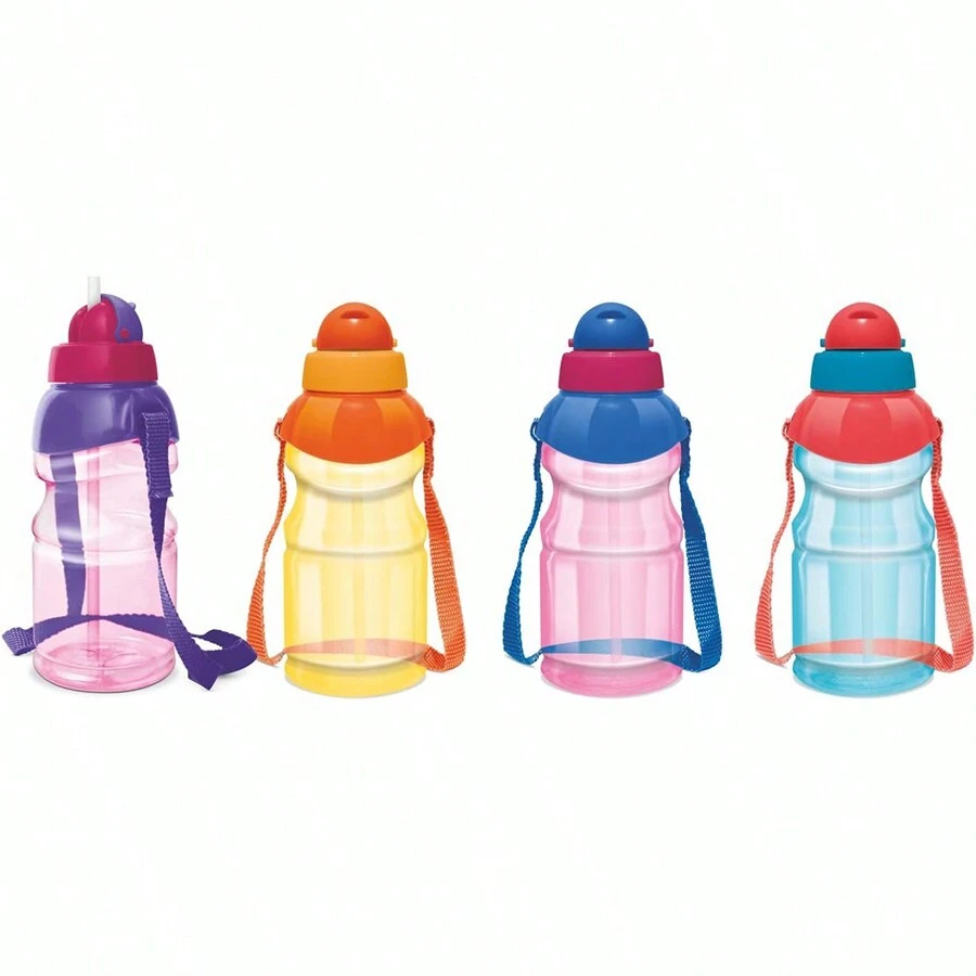 MILTON 13 Oz Spill Proof Reusable Cute Toddler Water Bottle 4- Pack Kids With Straw For School Flip Top Lid Small Bulk For Trips, Lunch, Day Cares Carry Strap Multi-Color - 彩色 - 查看 1