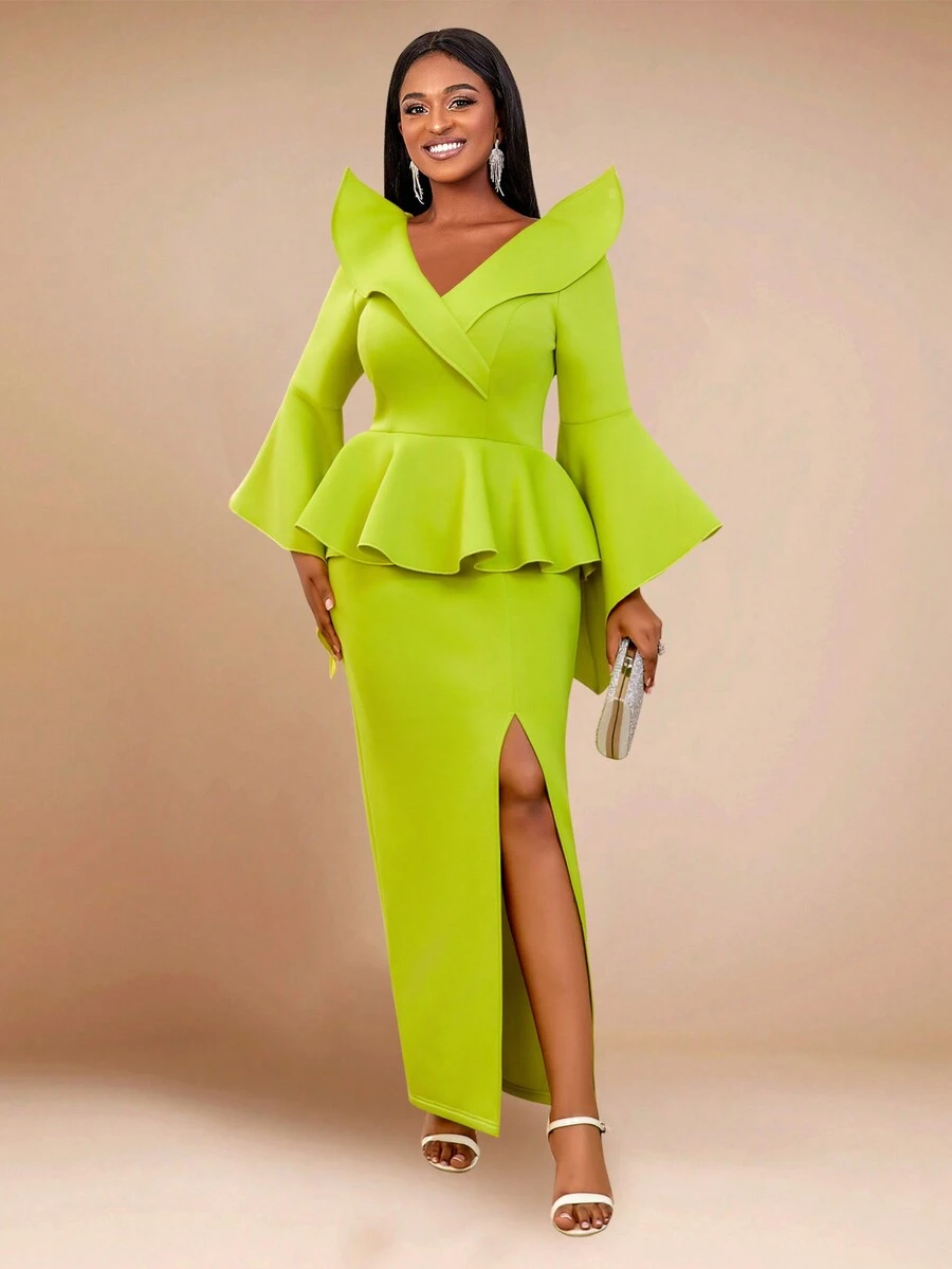 Váy ôm cổ chữ V tay chuông viền bèo nhún, váy dạ hội bán trang trọng thanh lịch, dự tiệc sinh nhật, tiệc cưới, tốt nghiệp, tiệc tối, dạ hội - màu xanh lá - Xem 1