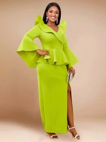 Váy ôm cổ chữ V tay chuông viền bèo nhún, váy dạ hội bán trang trọng thanh lịch, dự tiệc sinh nhật, tiệc cưới, tốt nghiệp, tiệc tối, dạ hội - màu xanh lá - Xem 5