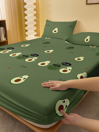 1pc Modern Simple Plant Avocado Graphic Print Fitted Sheet, Bedroom Printed Bedcover, Beddings (Pillow Case Not Included)