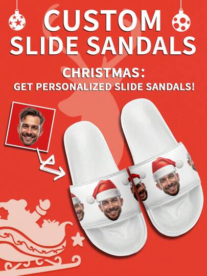 1 Pair Customized Christmas Santa Claus Photo Slippers, Personalized Christmas Hat Thick Sole Slippers, Personalized Slippers, Photo Slippers, Men's Personalized Slippers, Personalized Slippers, Christmas Gift For Mom/Dad/Her/Him/Girlfriend/Boyfriend/Wife/Husband/Friend