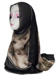 1pc Women's Fashion Patchwork Chiffon Printed Scarf, Contrast Color Casual Polyester Headscarf, Style Elegant Versatile Long Scarf, All Season