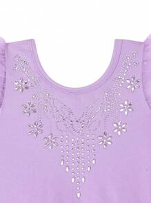 Young Girl Contrast Rhinestone Ruffle Trim Bow Backless Active Dress - Mauve Purple - View 3