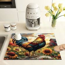 1pc Home Decor Sunflower & Rooster Print Dish Drying Mat, Christmas Tree Pattern Anti-Slip Dishwasher Top Protector Drying Mat, Absorbent Quick-Dry Pad, Durable Kitchen Coffee Machine Drying Mat - Multicolor - View 3