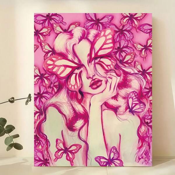 1 pieza Arte de retrato de mujer con mariposa rosa moderna, decoración de pared sin marco para dormitorio, sala de estar, oficina y talla grande