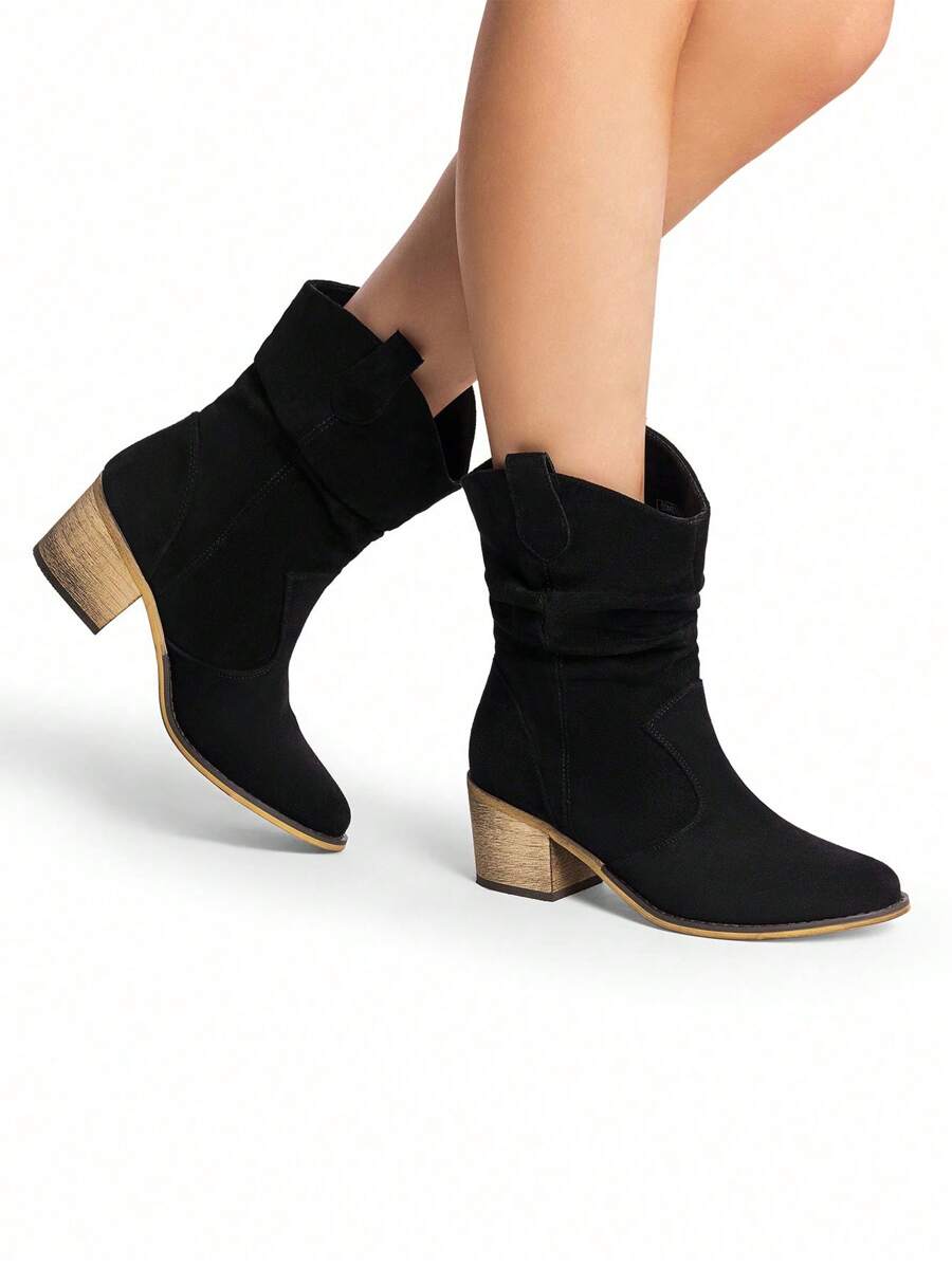 Women's Slip-On Western Boots Classic Fashion Wood Grain Bottom Mid-Tube Chunky Heel With Pull Tab Winter  Ankle Boots - 黑色絨面革 - 查看 1