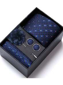 AlanKing 1 set de corbata, pañuelo de bolsillo, gemelos y broche con diseño de flor dorado para hombre, para fiestas/festivales