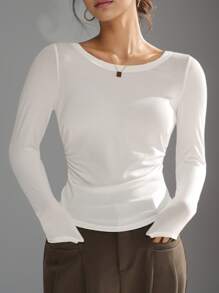 女士白色圆领长袖下摆褶皱修身 T 恤内衣 T 恤，个性化时尚简约腰部下摆衬衫，扇形下摆上衣 - 白色 - 查看 1