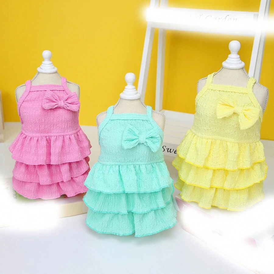 Pink Bow Decorative Pet Dress, Candy Cake Layer Skirt Design Pet Clothes, Versatile Casual Style EU & US