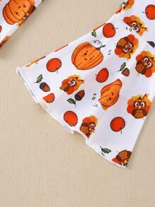 2pcs Set Young Girl Casual "HAPPY THANKSGIVING" Letter, Turkey & Pumpkin Pattern Soft Knit Long Sleeve Top And Flare Pants Outfit, Fall/Winter - Brown - View 6