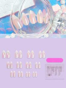 24片粉色杏仁形按压式美甲贴片，电镀朋克风，白色法式美甲亮面全覆盖假指甲，适合女性、女孩、派对、节日、户外美甲用品 - 彩色 - 查看 3