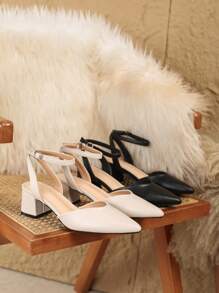 Women's Black Pointed Toe Chunky Heel Pumps, Elegant Pointed Toe Formal High Heel Shoes, Fashion Ankle Strap Open Toe High Heels