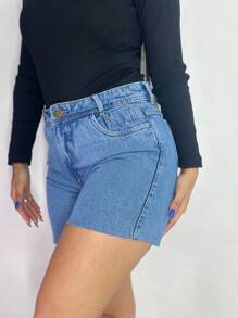 Short Mom Jeans, Plain And With Details - 水瓶藍 - 查看 3