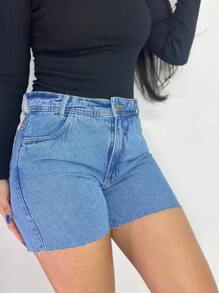 Short Mom Jeans, Plain And With Details - 水瓶藍 - 查看 5