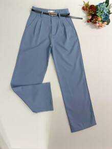 Women's Set: Summer Sleeveless Solid Color Round Neck Top And Wide Leg Pants With Belt And Bag - Blue - View 7