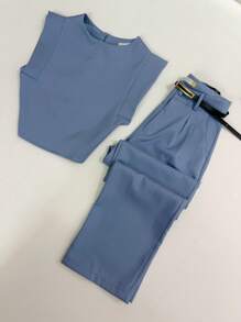 Women's Set: Summer Sleeveless Solid Color Round Neck Top And Wide Leg Pants With Belt And Bag - Blue - View 10