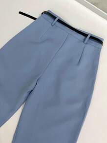 Women's Set: Summer Sleeveless Solid Color Round Neck Top And Wide Leg Pants With Belt And Bag - Blue - View 9