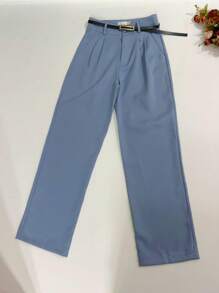 Women's Set: Summer Sleeveless Solid Color Round Neck Top And Wide Leg Pants With Belt And Bag - Blue - View 5