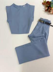 Women's Set: Summer Sleeveless Solid Color Round Neck Top And Wide Leg Pants With Belt And Bag - Blue - View 1