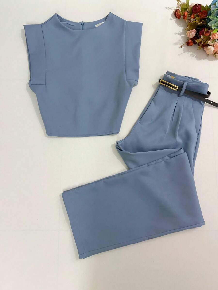 Women's Set: Summer Sleeveless Solid Color Round Neck Top And Wide Leg Pants With Belt And Bag - Blue - View 1