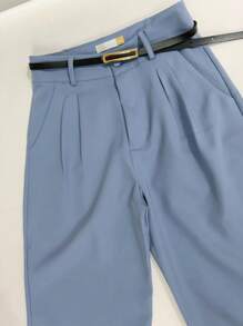 Women's Set: Summer Sleeveless Solid Color Round Neck Top And Wide Leg Pants With Belt And Bag - Blue - View 6