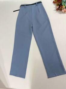Women's Set: Summer Sleeveless Solid Color Round Neck Top And Wide Leg Pants With Belt And Bag - Blue - View 8