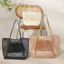 1 túi xách bãi biển cầm tay màu đen, túi tắm, túi lưới bãi biển có thể gấp lại, túi bơi thể dục, túi đựng đồ, túi xách tay dung tích lớn - màu đen - Xem 2