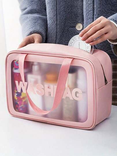 1个大容量防水化妆品收纳包，透明便携设计，双提手 - 非常适合整理化妆品和洗漱用品，化妆包，化妆品收纳包，洗漱包，化妆包，洗漱袋，旅行包，返校季浴室宿舍必备，旅行必备，沙滩包