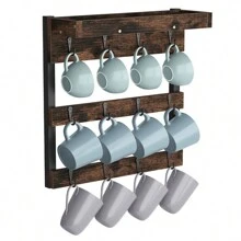 UNHO Industrial Coffee Mug Holder Kitchen Storage Shelf Wall Mounted Cup Tree Rack Wood Mug Storage Organiser With 12 Hooks - Brown - View 3