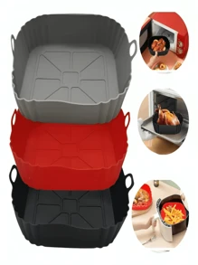 Kit 3 unidades Cesto de silicone quadrado para fritadeira airfryer, microondas reutilizável