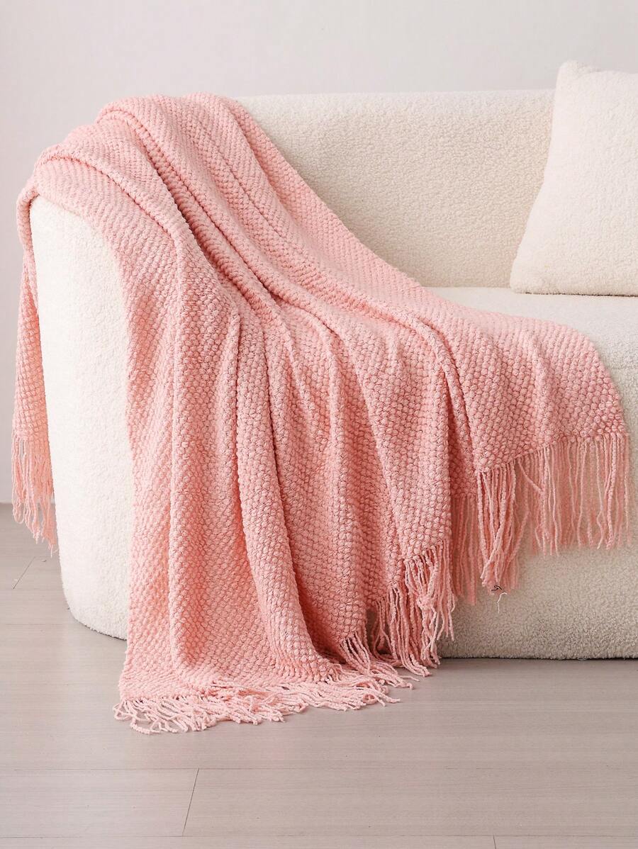 1條純色針織毯,北歐風格亞克力長方形辦公室午睡沙發毯,透氣針織披肩,床巾,適用於冬季