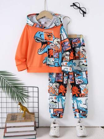 2pcs/Set Young Boy Casual Dinosaur Print Patchwork Hoodie Sweatshirt And Dinosaur Print Jogger Pants, Autumn Winter
