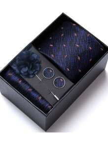 AlanKing 1 set de corbata, pañuelo de bolsillo, gemelos y broche con diseño de flor dorado para hombre, para fiestas/festivales