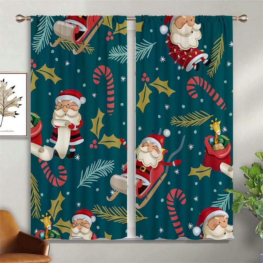 2 rèm cửa Giáng sinh, rèm cửa in hình ông già Noel hoạt hình, rèm cửa 100% polyester cho phòng ngủ, phòng khách, trang trí cửa sổ nhà bếp - màu sắc - Xem 1