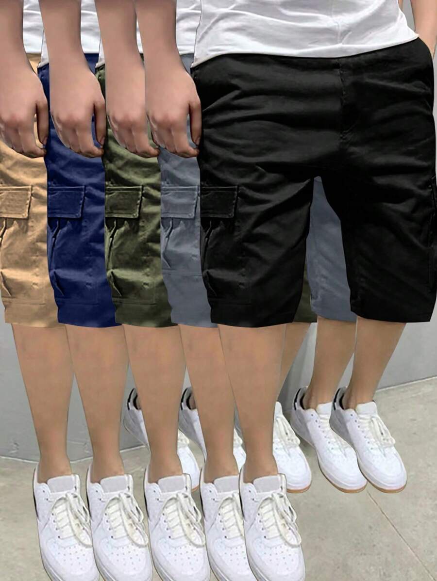 5 件青少年男孩休闲实用口袋工装短裤，春夏