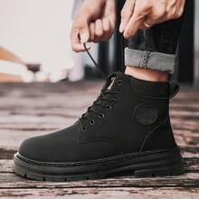 Men's High-Top Lace-Up Boots, Round Toe, Anti-Slip Work Boots, Outdoor Desert Combat Boots, Motorcycle Leather Boots,Wear With Jacket - Black - View 2