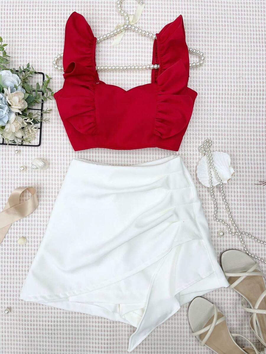ELLIE Tailored Set Of Cropped Top With Padding + Skirt With Shorts - 紅色和白色 - 查看 1