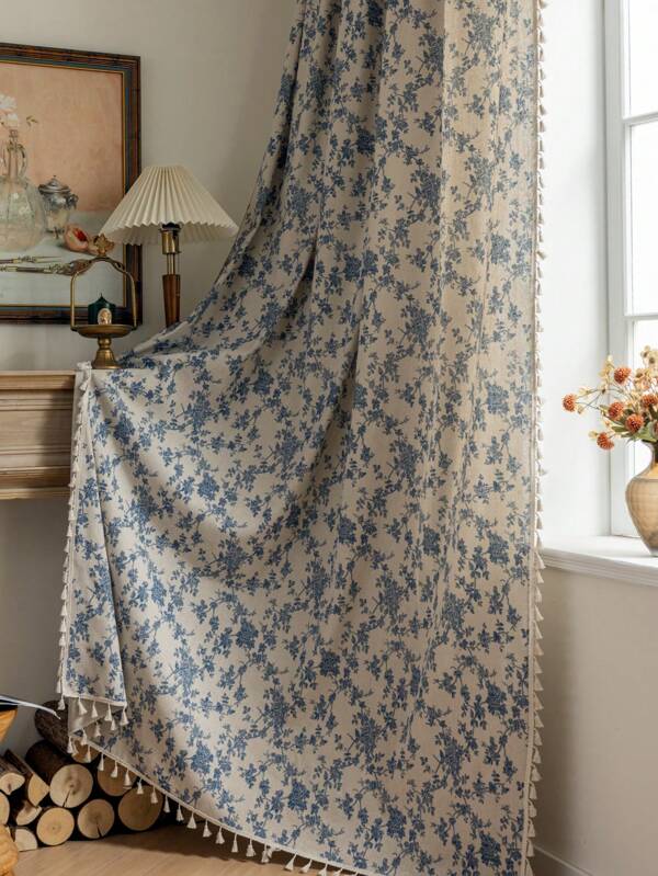 1pc Elegant Vintage Floral Printed Curtain, Beige Tassel Semi-Sheer Kitchen Short Curtain, Room Divider, Suitable For Home, Bedroom, Study, Living Room, Balcony, Terrace, Window Decoration, All Season