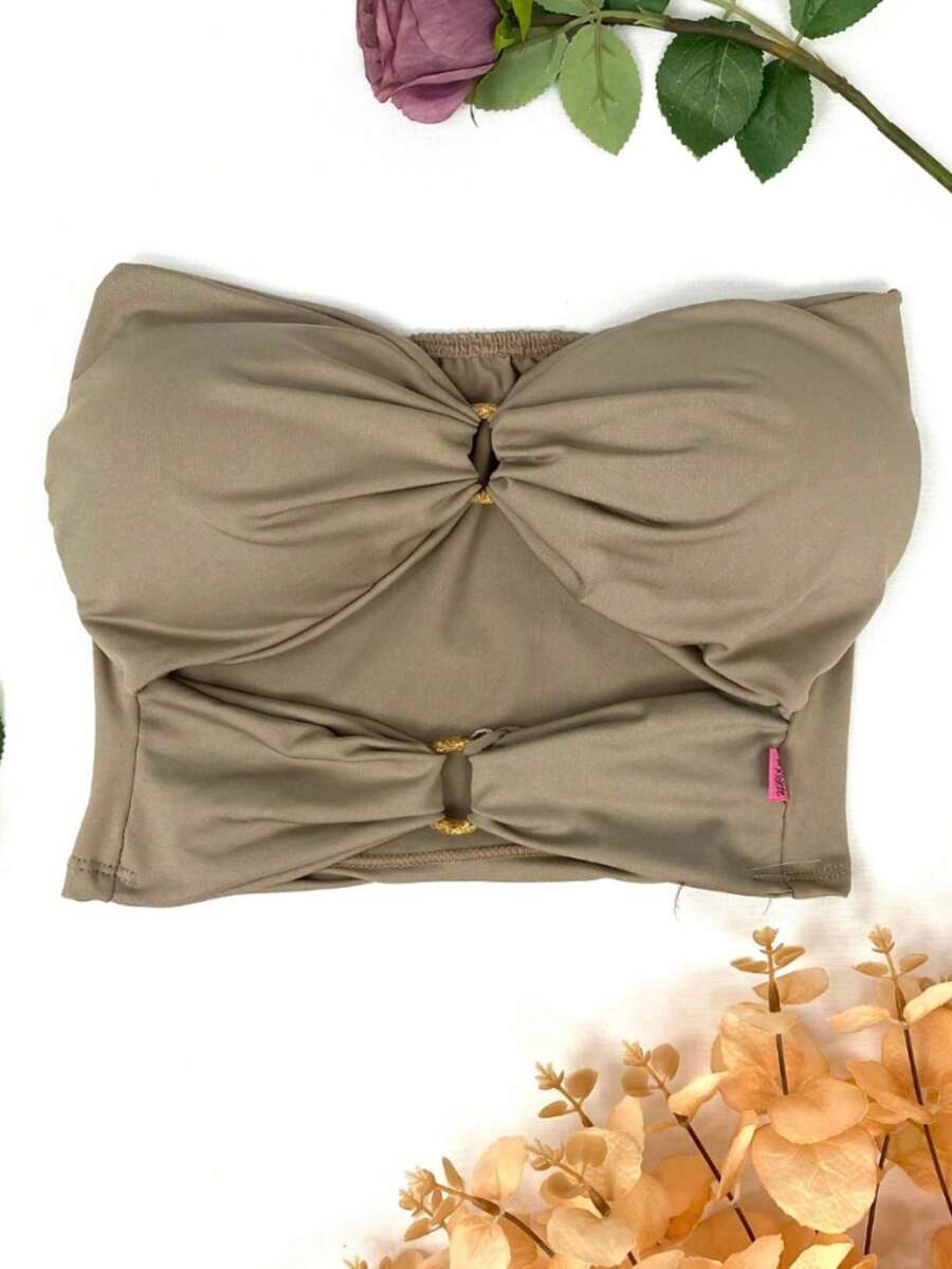 Strapless Cropped Top With Padded Cups And Ring Detail - Lạc đà - Xem 1