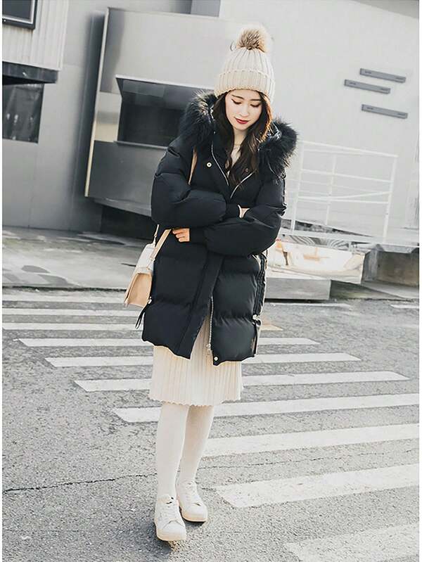 Damska gruba długa kurtka z odpinanym puszystym kołnierzem, ciepły płaszcz,