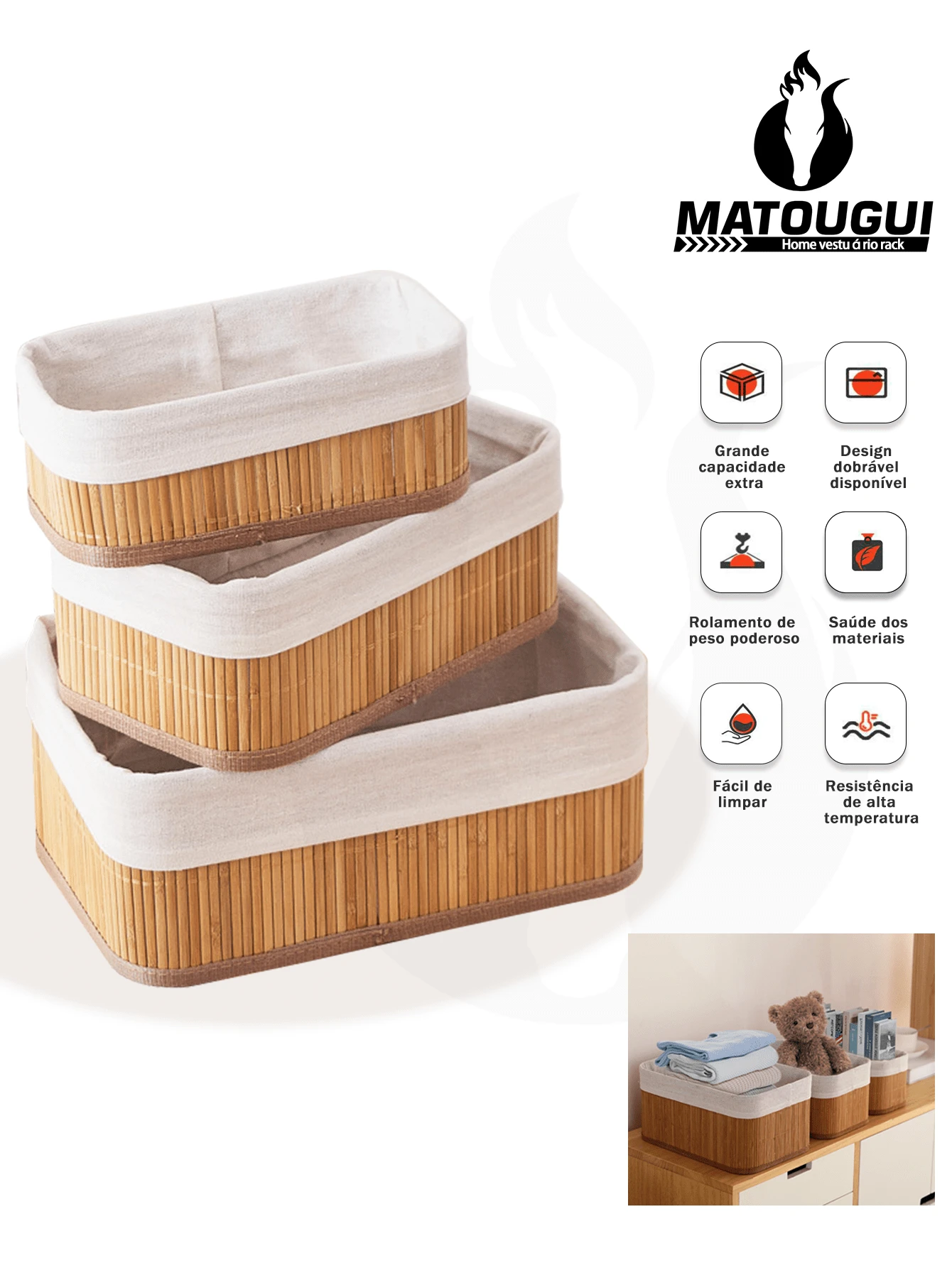Natural Bamboo Dirty Clothes Storage Frame, Linen Lining With Lid, Portable - Three-piece Rectangular Trumpet Set - View 1