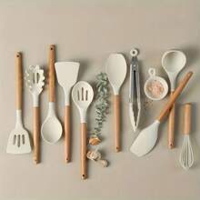 10pcs/Set Premium Silicone Utensil Set - Heat-Resistant, Non-Stick, Ergonomic Wooden Handle, Easy Cleaning, Modern Cookware Essentials For Kitchen - Perfect For Christmas, Easter, Celebrations