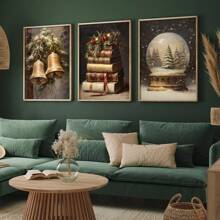 Conjunto de 3 impresiones de arte de pared rústico navideño, pósters de lienzo navideños, bola de nieve del árbol de Navidad, campanas de cascabel, arte de libro pintura al óleo vintage, decoración de Academia Oscura, decoración de invierno, regalos navideños para dormitorio, sala de estar, pasillo, decoración del hogar, sin marco