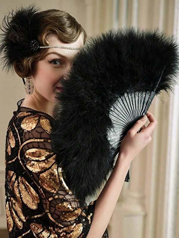 1 pezzo Ventaglio pieghevole vintage con piume, stile anni '20, adatto per costumi, performance di danza (ciondolo incluso casualmente), il miglior regalo